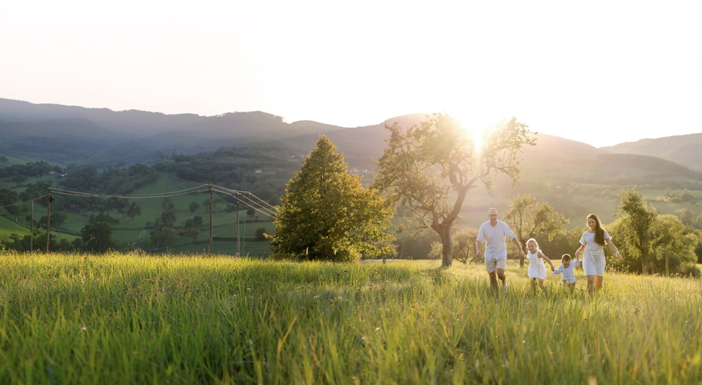 Parents and their two young children running hand in hand through a sunlit meadow